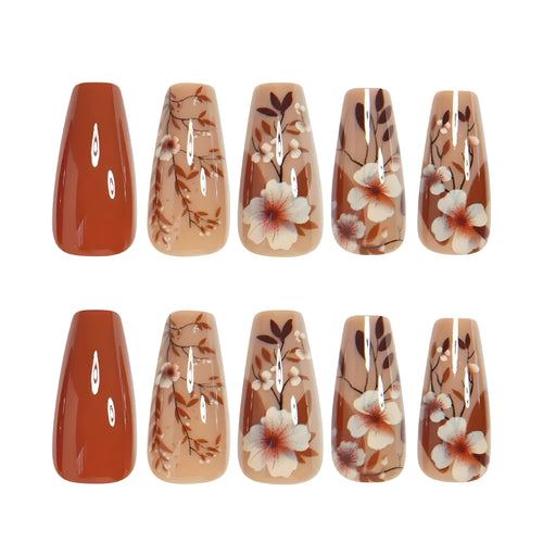 Mocha Blossom – Nude Floral Nail Set Press-On Nails (24 pcs) - Nail Glue Stickers Included