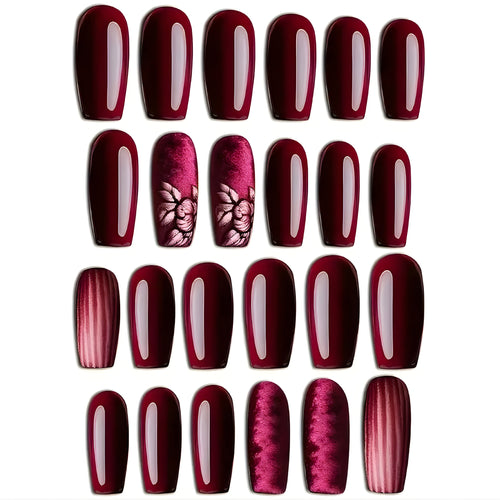 Dark Burgundy Cat Eye Press-On Nails (24 pcs) - Nail Glue Stickers Included